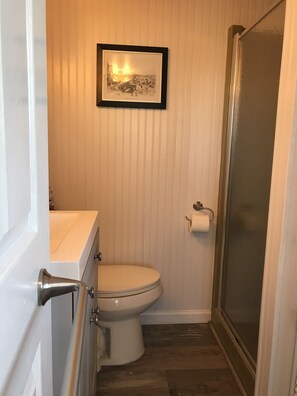 Douche, sèche-cheveux, serviettes fournies, savon