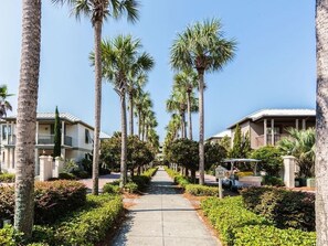 A pathway lined with palm trees leading to a building with a balcony.