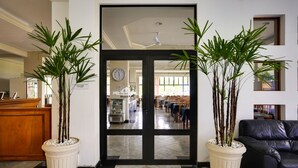 A hotel lobby with a reception desk, two large potted plants, a black leather couch, and a clock on the wall. - Hotel San Isidro (Sao Gabriel)