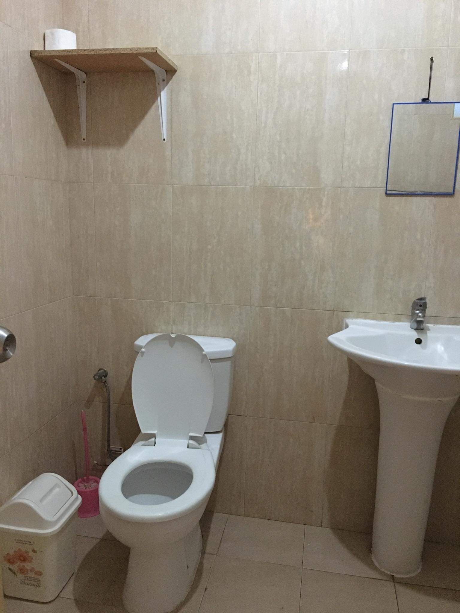 Une salle de bain équipée de toilettes, d’un lavabo et d’une étagère sur laquelle se trouve un rouleau de papier toilette.