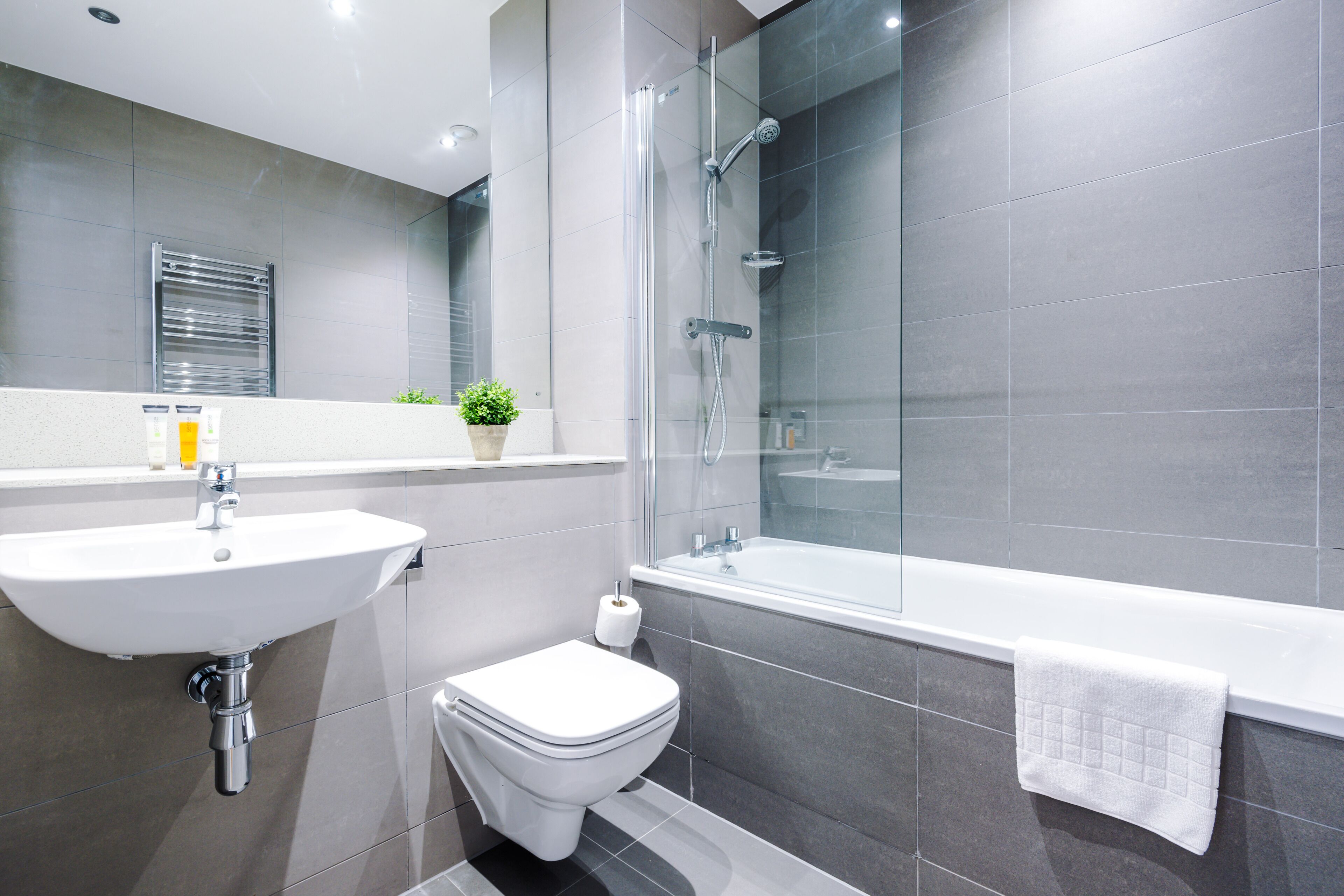 Combined shower/tub, free toiletries, hair dryer, towels