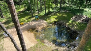 A natural outdoor area with a small pond, surrounded by trees and a dirt path.