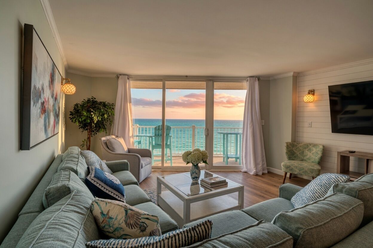 Un soggiorno con divano, tavolino, televisione e un balcone vista mare.