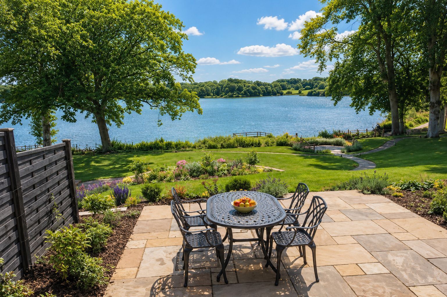An outdoor patio with a round table and chairs, surrounded by a well-maintained garden and a view of a lake.