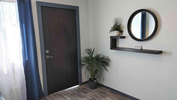 A modern hallway with a dark wooden door, a potted plant, a mirror on a black shelf, and a blue curtain. - The White Bungalow (Rosarito)