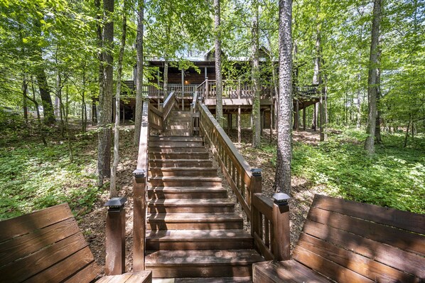A wooden staircase leading to a cabin in a forest.