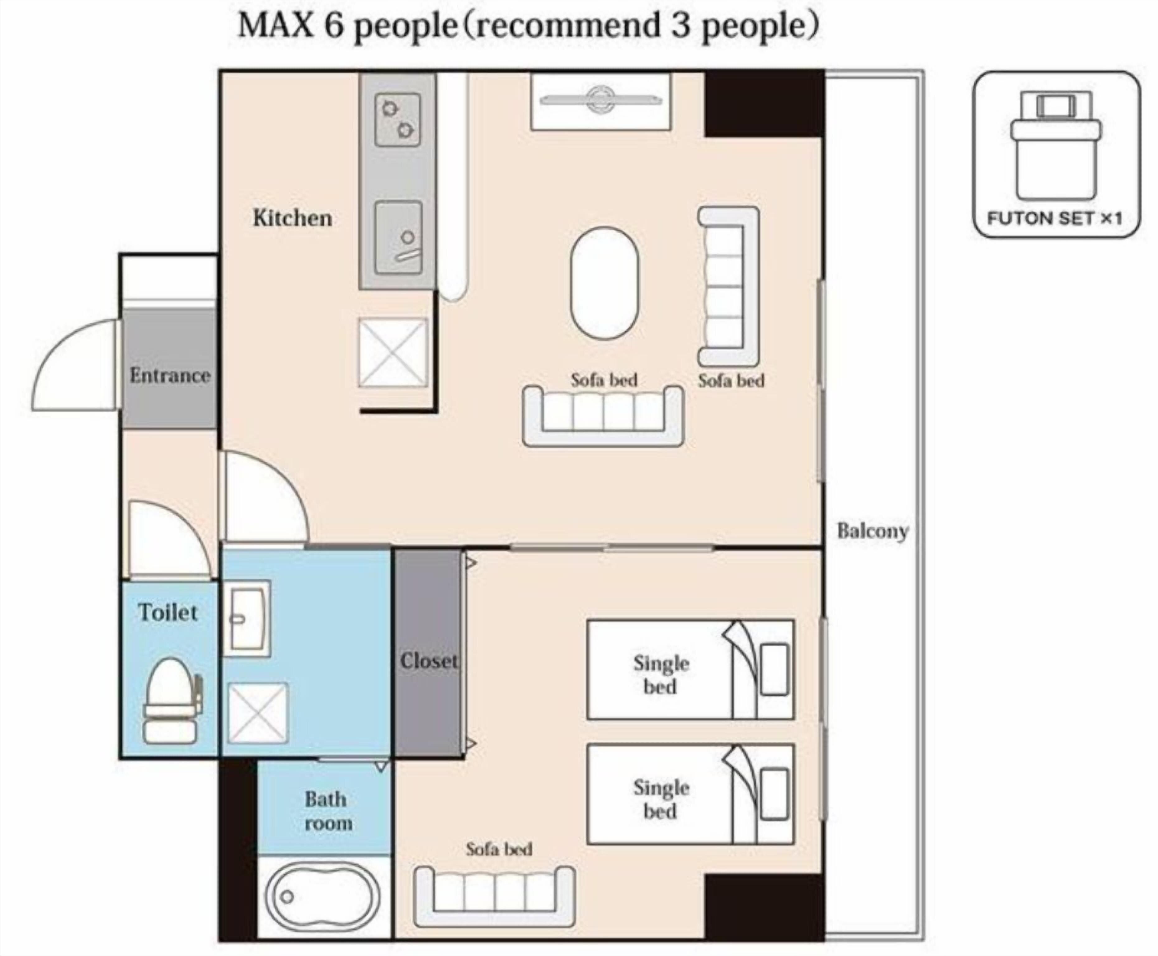A hotel room layout with a kitchen, two sofas, two single beds, a bathroom, and a balcony.