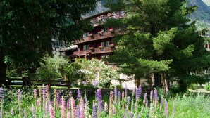 Un edificio de madera de varios pisos con balcones, rodeado de abundante vegetación y plantas en flor.