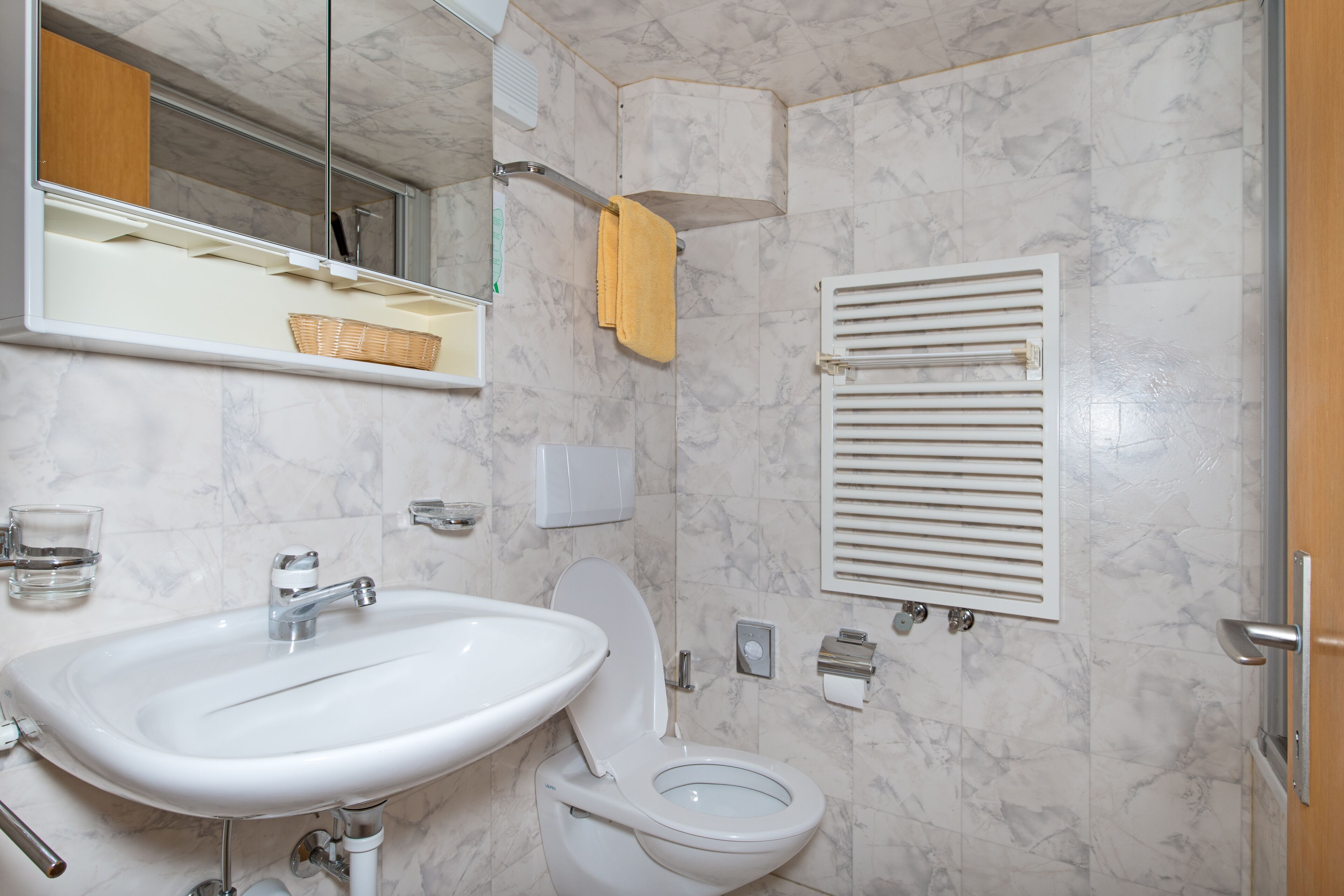 hair dryer, towels, soap, toilet paper