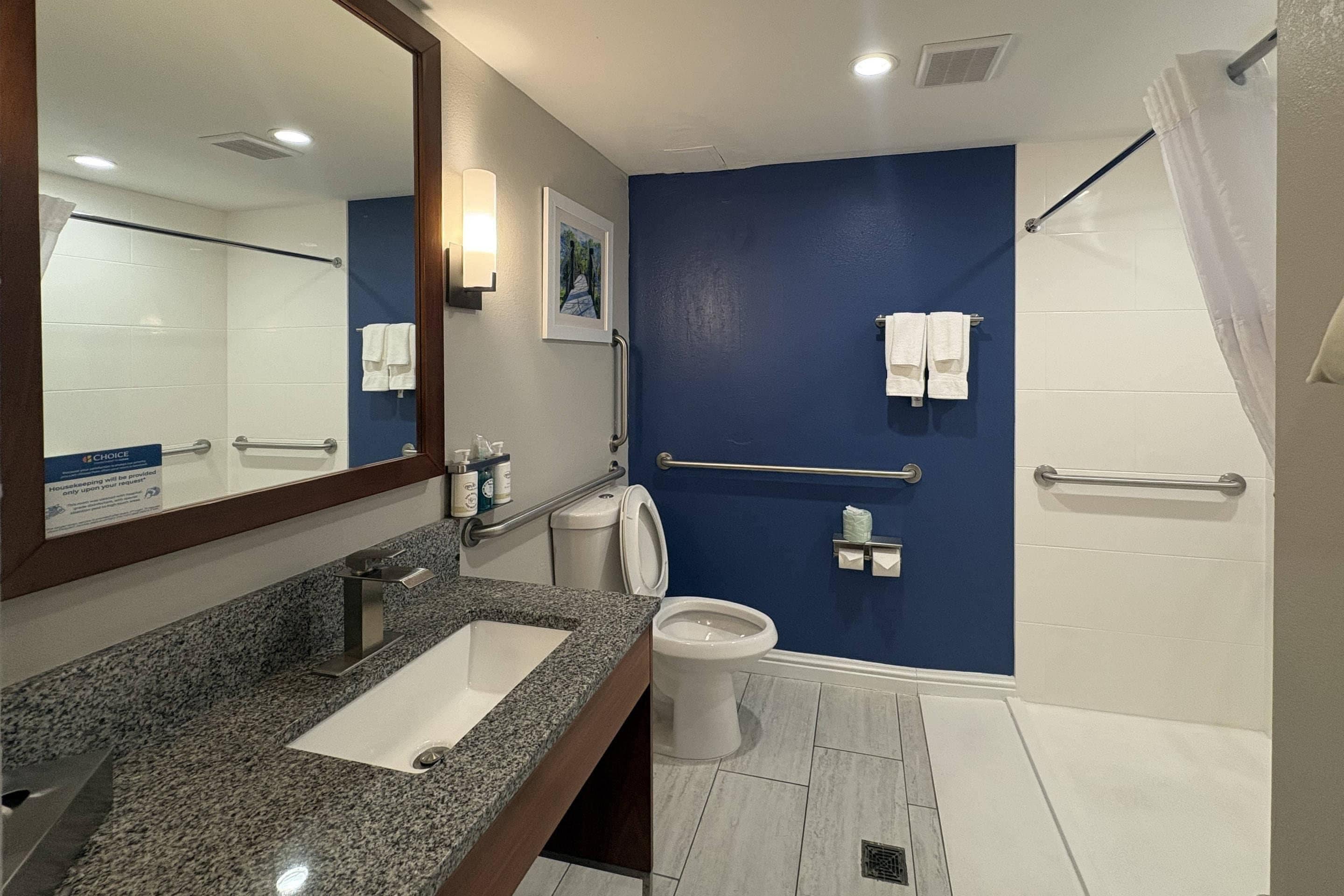 Une salle de bain comprenant un lavabo, des toilettes et un espace douche.