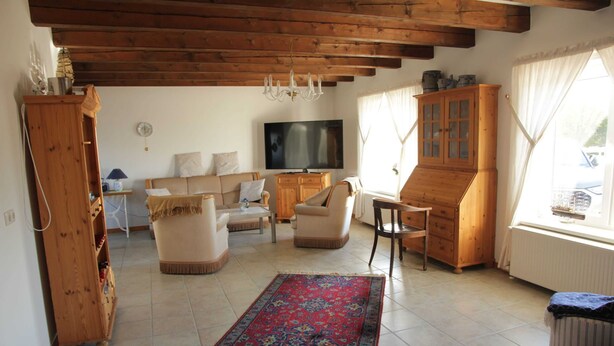 A spacious living room with a wooden ceiling, a television, a sofa, a coffee table, and a patterned rug. - HAuszeit Kapitänshaus Friedrichsschleuse - Temporary home (Wittmund)