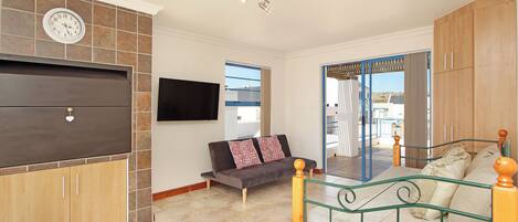 A bedroom with a bed, a sofa, a TV, and a wardrobe.