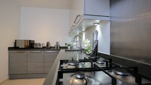 Eine moderne Küche mit Gaskochfeld, Toaster, Wasserkocher und Spüle.