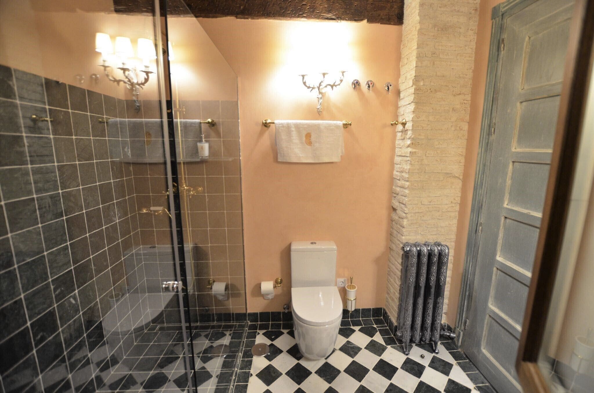 Un baño con ducha de vidrio, inodoro, toallero y radiador.