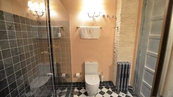 Un baño con ducha de vidrio, inodoro, toallero y radiador.