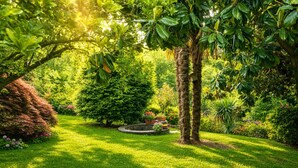 Ein üppiger Garten mit einem kreisförmigen Wasserspiel, umgeben von verschiedenen Pflanzen und Bäumen.