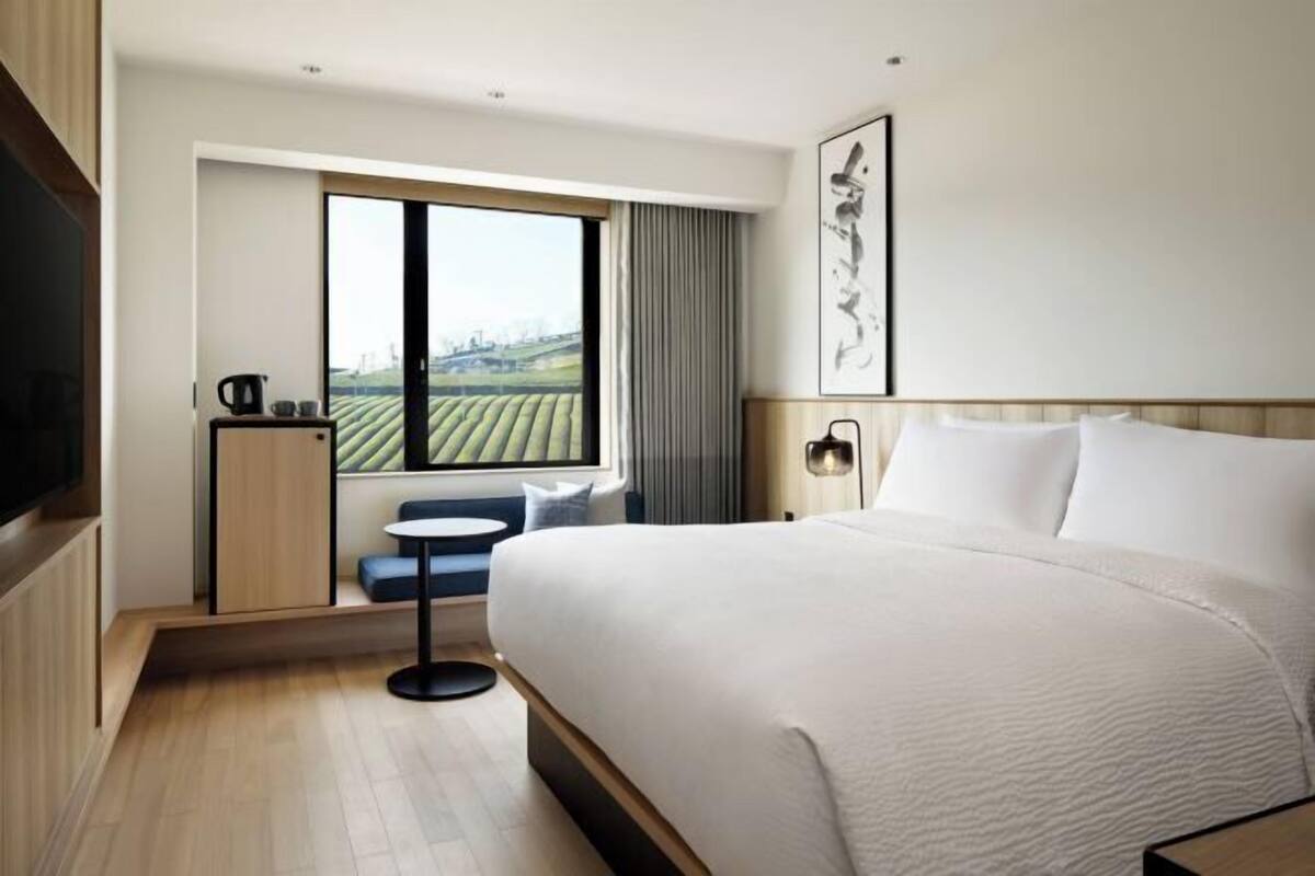 A hotel room with a large bed, a small table, a chair, a TV, and a window with a view of a green landscape.
