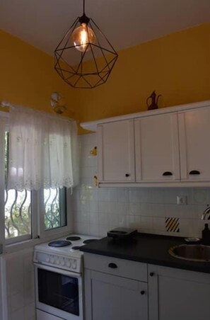 Fridge, oven, stovetop, coffee/tea maker