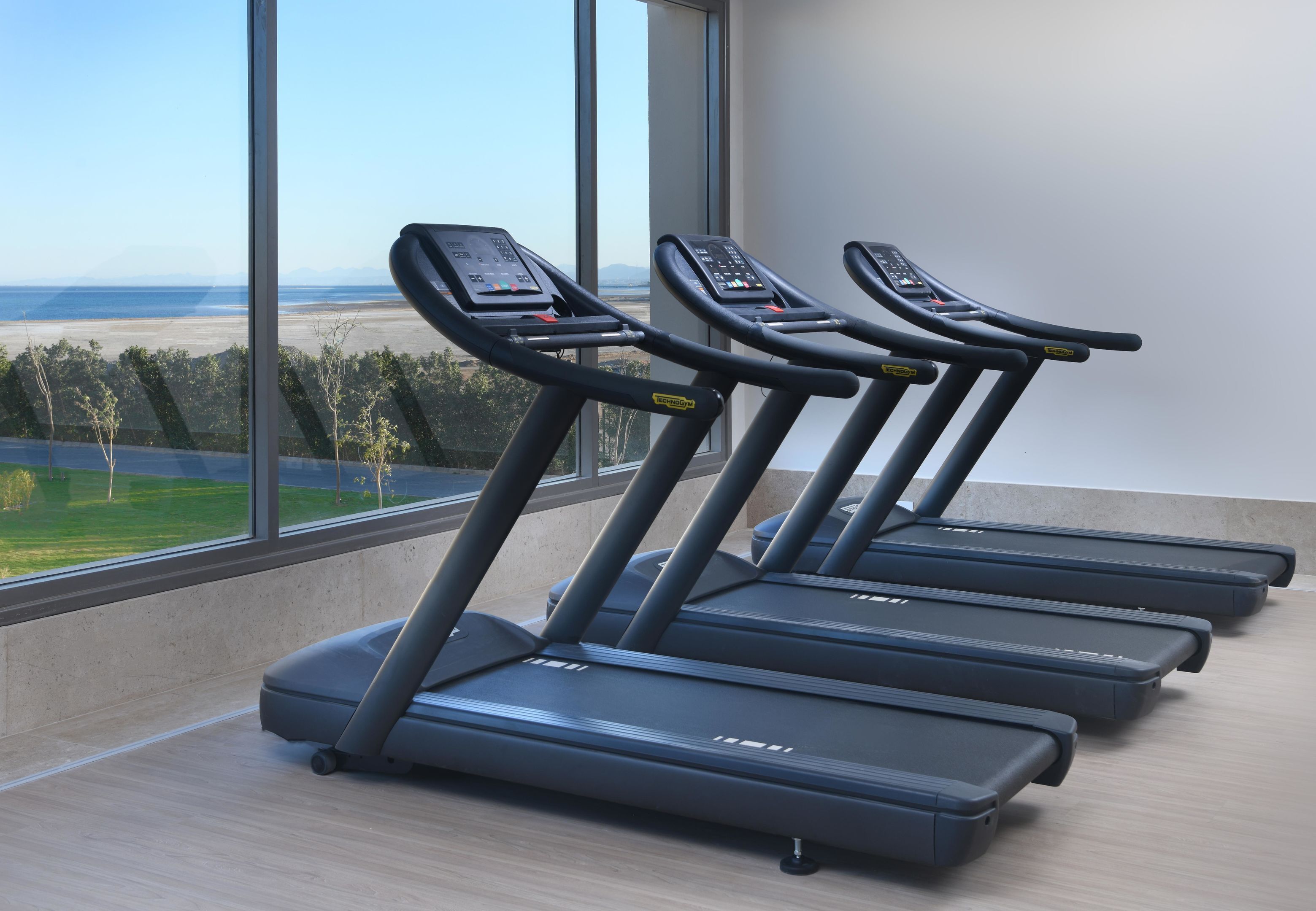 Three treadmills aligned in a row with a view of the outdoors through large windows.