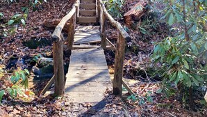 A wooden bridge in a forested area with a natural, rustic setting. - Bear's Mountaintop Views 3 Bedroom Chalet by RedAwning (Robbinsville)
