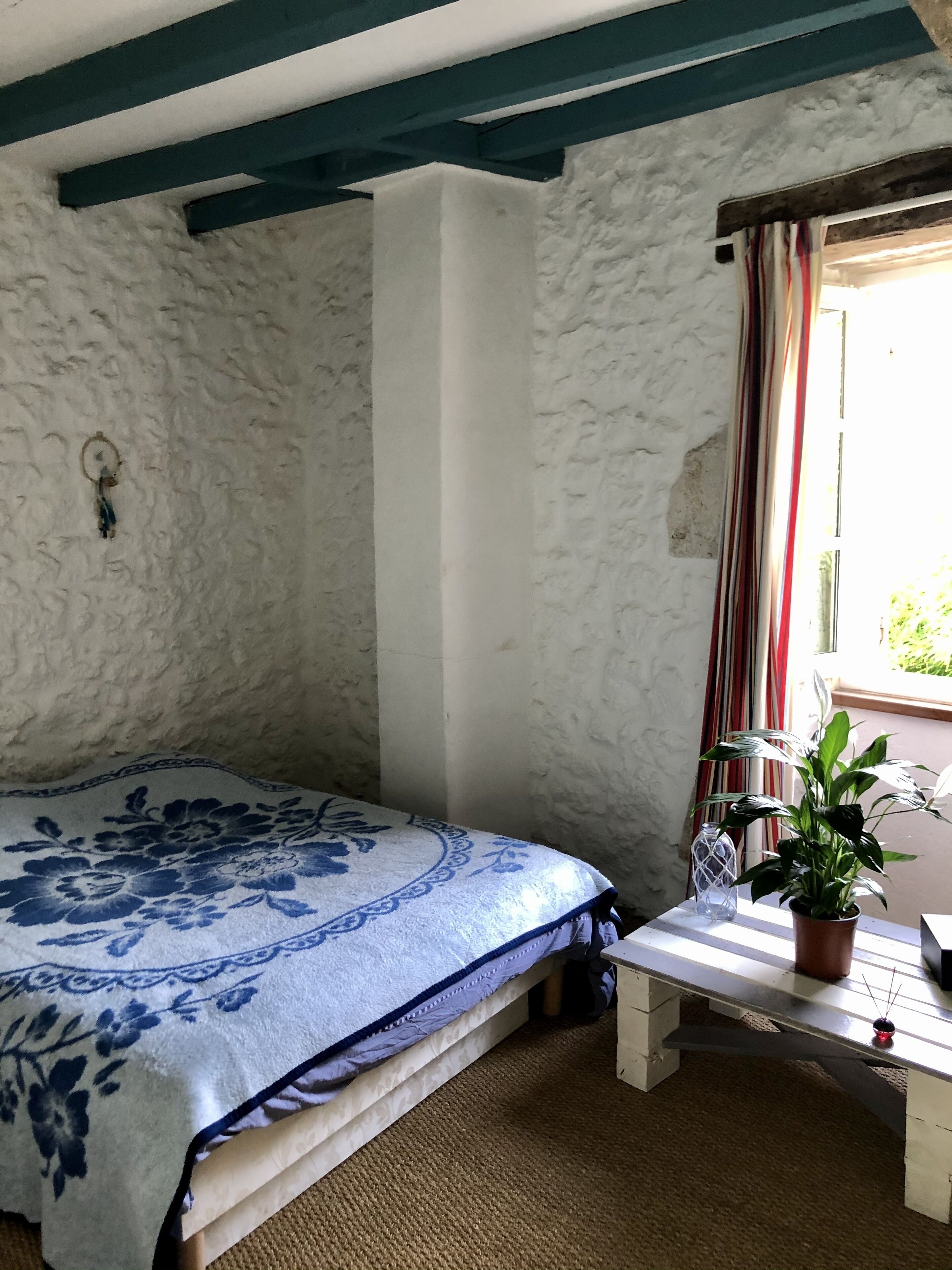 A room with a bed, a small table with a potted plant, a window with curtains, and a wall with a textured pattern.