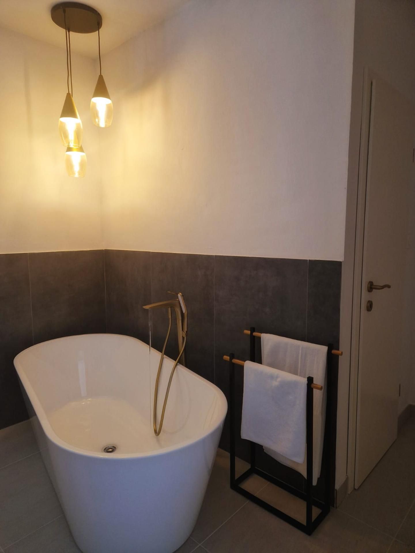Une salle de bain avec une baignoire sur pieds, un porte-serviettes et des luminaires suspendus.