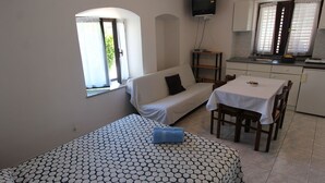 A compact room with a bed, a sofa, a dining table, and a kitchenette.