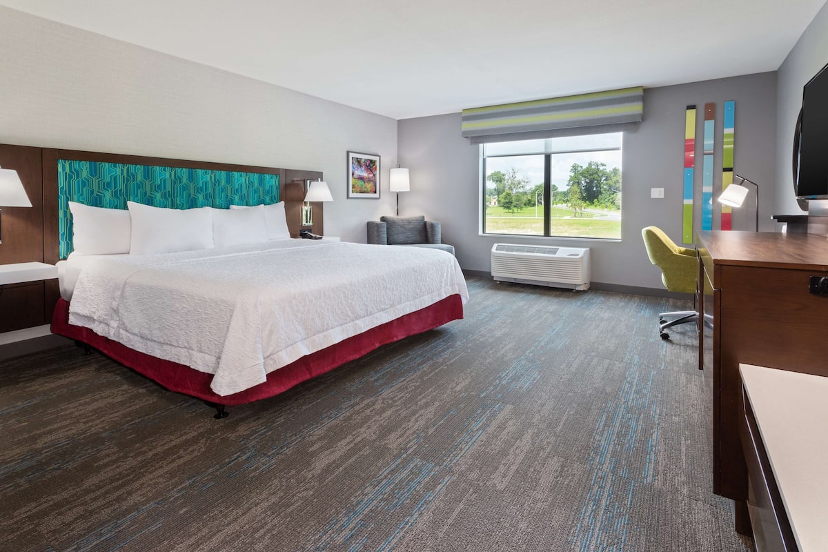 A hotel room with a large bed, a desk, a chair, a window with a view, and a radiator.