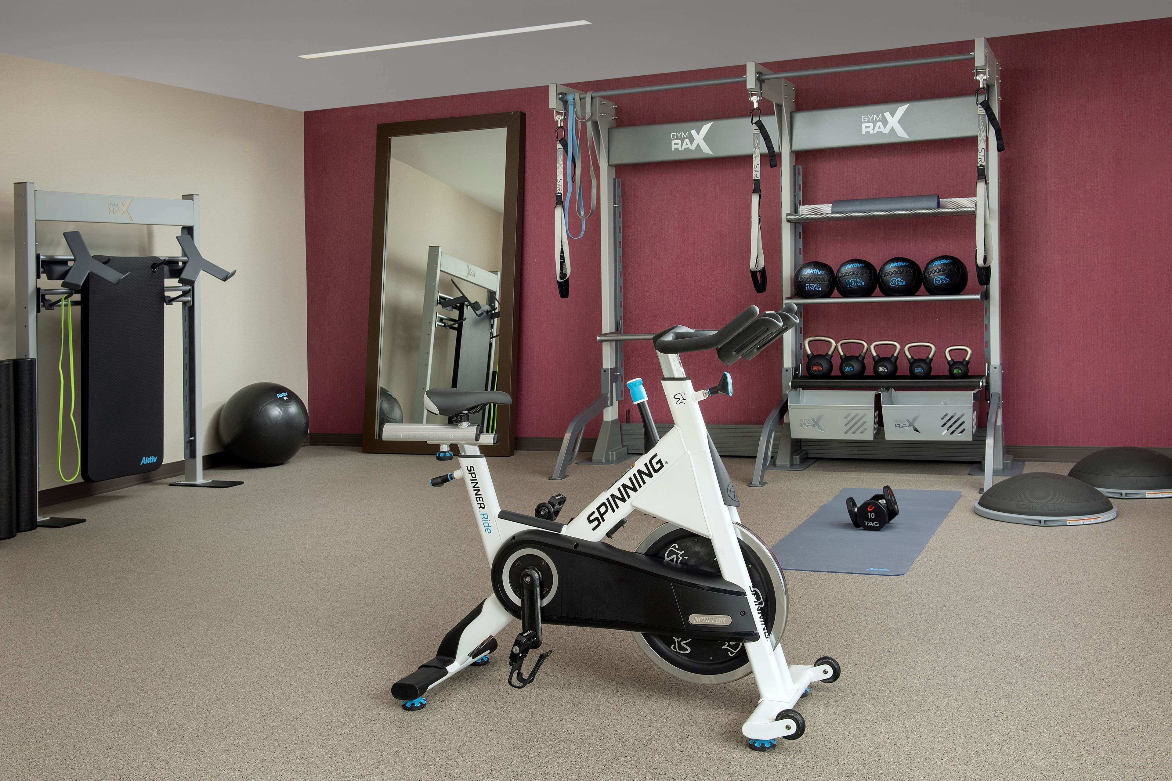 A gym with a spinning bike, kettlebells, and exercise balls.