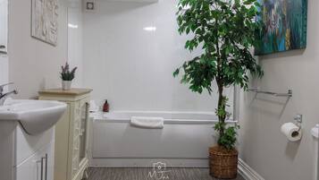 Combined shower/tub, hair dryer, towels