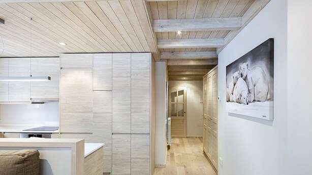 Een modern interieur met houten lambrisering, een keukenhoek en een gang naar een badkamer.