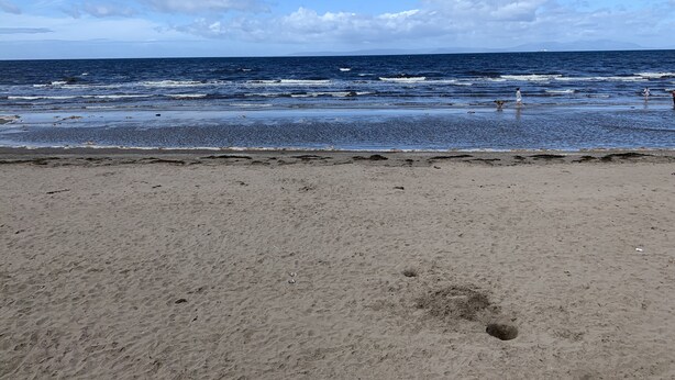Ein Strand mit sandigem Ufer und Wellen.
