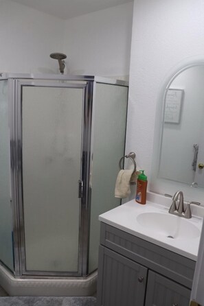 Regadera, secadora de cabello, toallas, papel de baño 