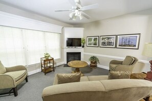 Flat-screen TV, fireplace, DVD player, books