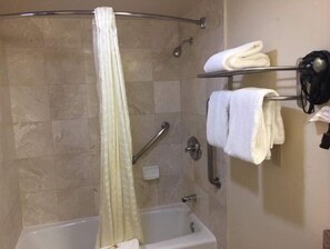 Combined shower/bathtub, hair dryer, soap, toilet paper