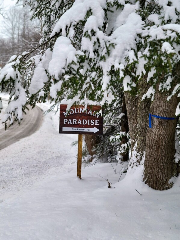 Un letrero de madera con letras blancas que indica 'Mountain Paradise' y 'Blackberry Trail' a la derecha.