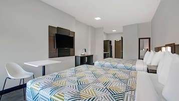 Desk, laptop workspace, free WiFi, bed sheets