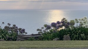 A coastal landscape with a grassy foreground, a wooden fence, and flowering plants. - Beachside Studio close to cafes & wineries  (Eskdale)