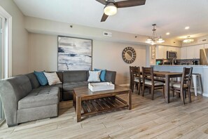 TV, fireplace, books, offices