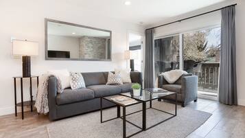 Smart TV, fireplace, DVD player, books