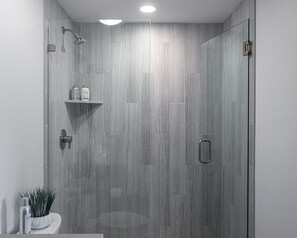 Douche, séchoir à cheveux, serviettes fournies, savon