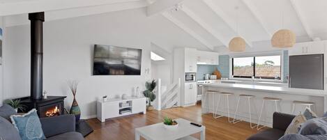 Télévision, cheminée, lecteur de DVD