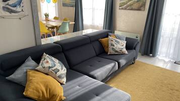 Smart TV, fireplace, books, video library