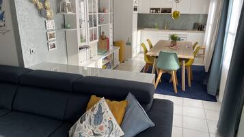 Smart TV, fireplace, books, video library