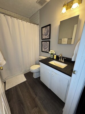 Combined shower/bathtub, hair dryer, towels, soap - Across from Campus! Magnolia LinenCo #7 Downtown AU (Auburn)