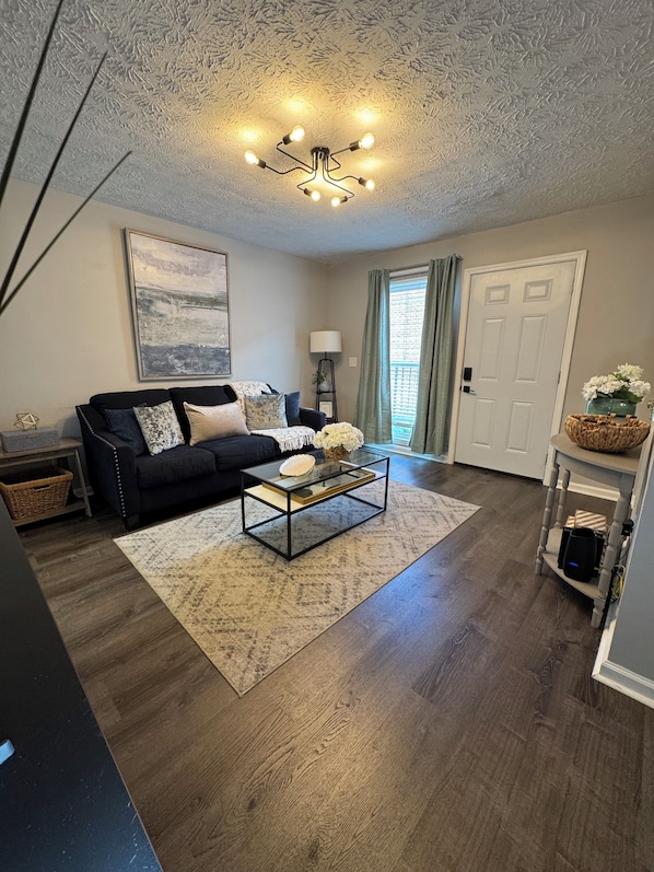 A living room with a black sofa, a glass coffee table, a patterned rug, a ceiling light fixture, and a door with a window.