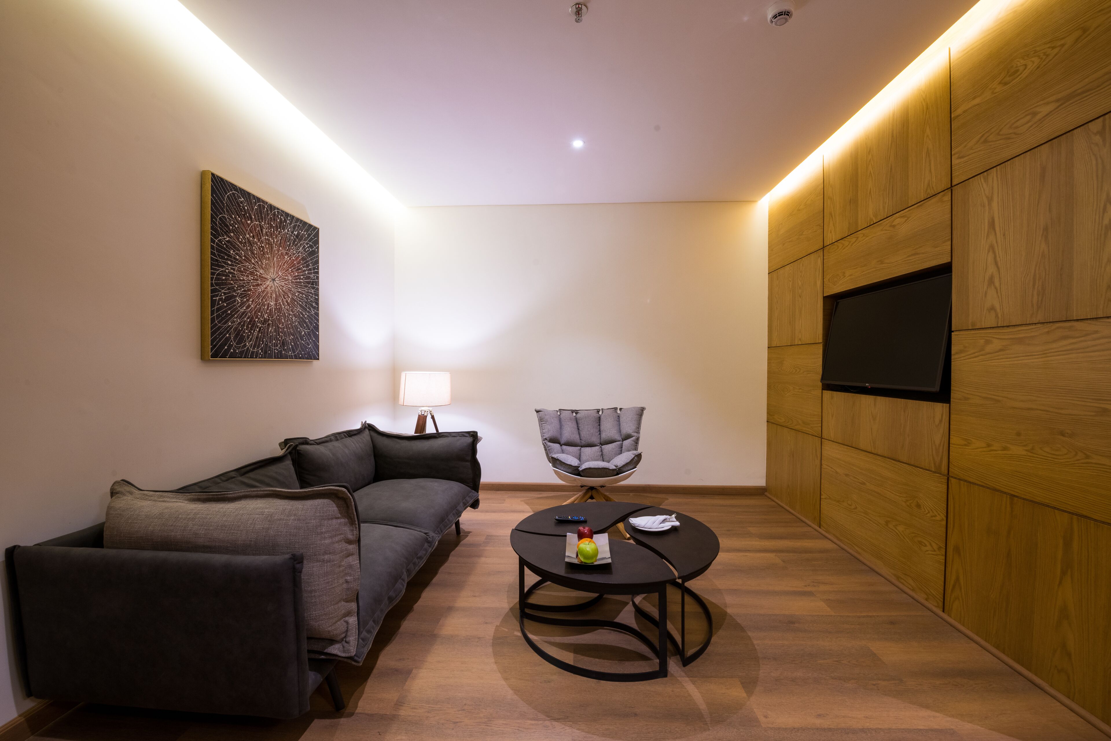 A modern living room with a sofa, a round coffee table, a cushioned chair, a flat-screen TV mounted on a wooden wall, and a floor lamp.