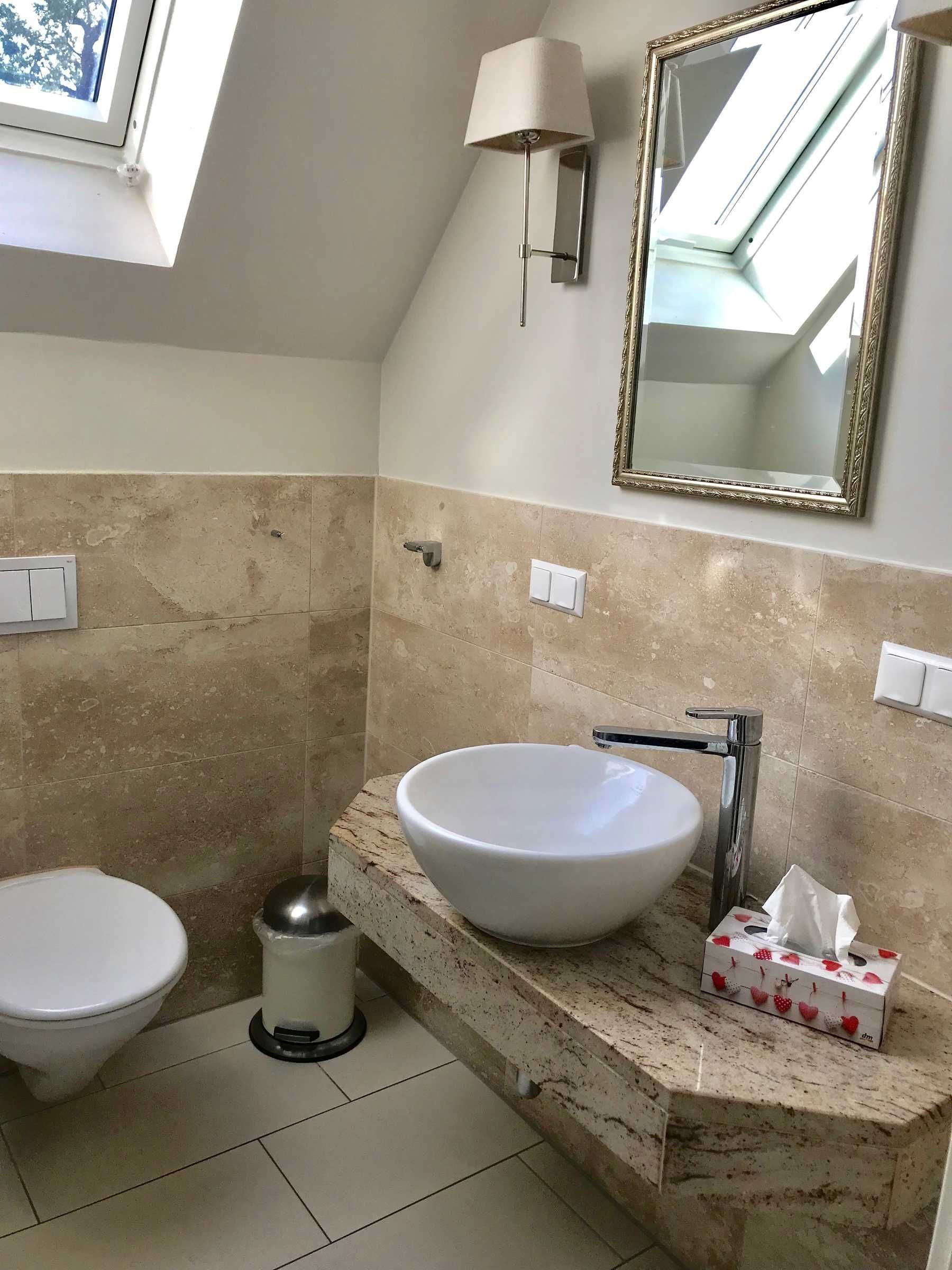 Un bany amb un vàter blanc, un lavabo gran blanc, un mirall i un paperer.
