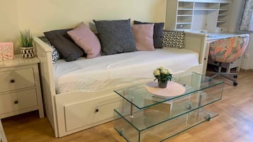 1 bedroom, desk, iron/ironing board, travel cot