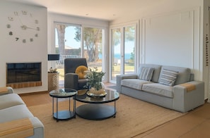 Una Smart TV, una chimenea, un reproductor de DVD, libros